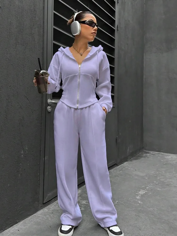 Autumn and winter hooded cardigan womens suit solid color fashion mouth slim casual sports pants two-piece set Female 240807