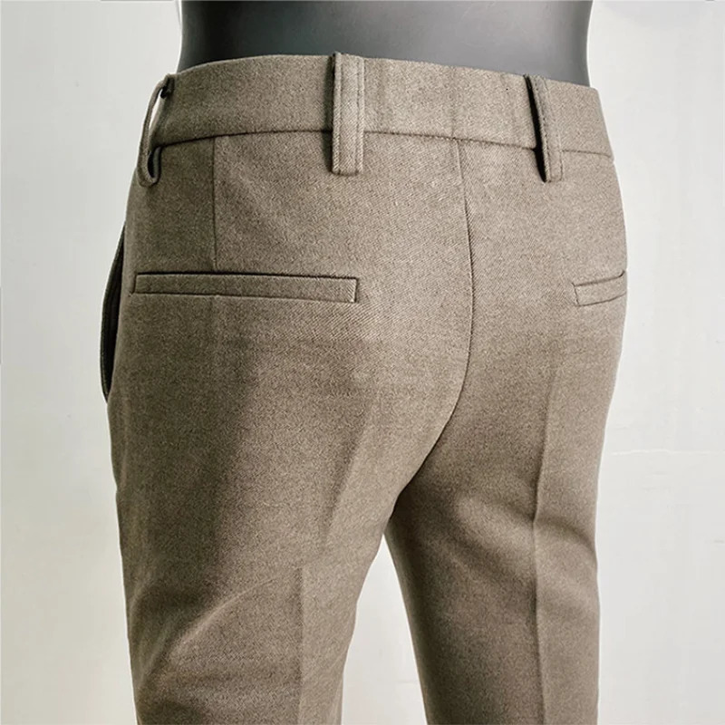 Autumn Winter Thickened Suit Pants Men Casual Slim Fit Straight Trousers Formal Business Woolen Cloth Social Office Dress 240806