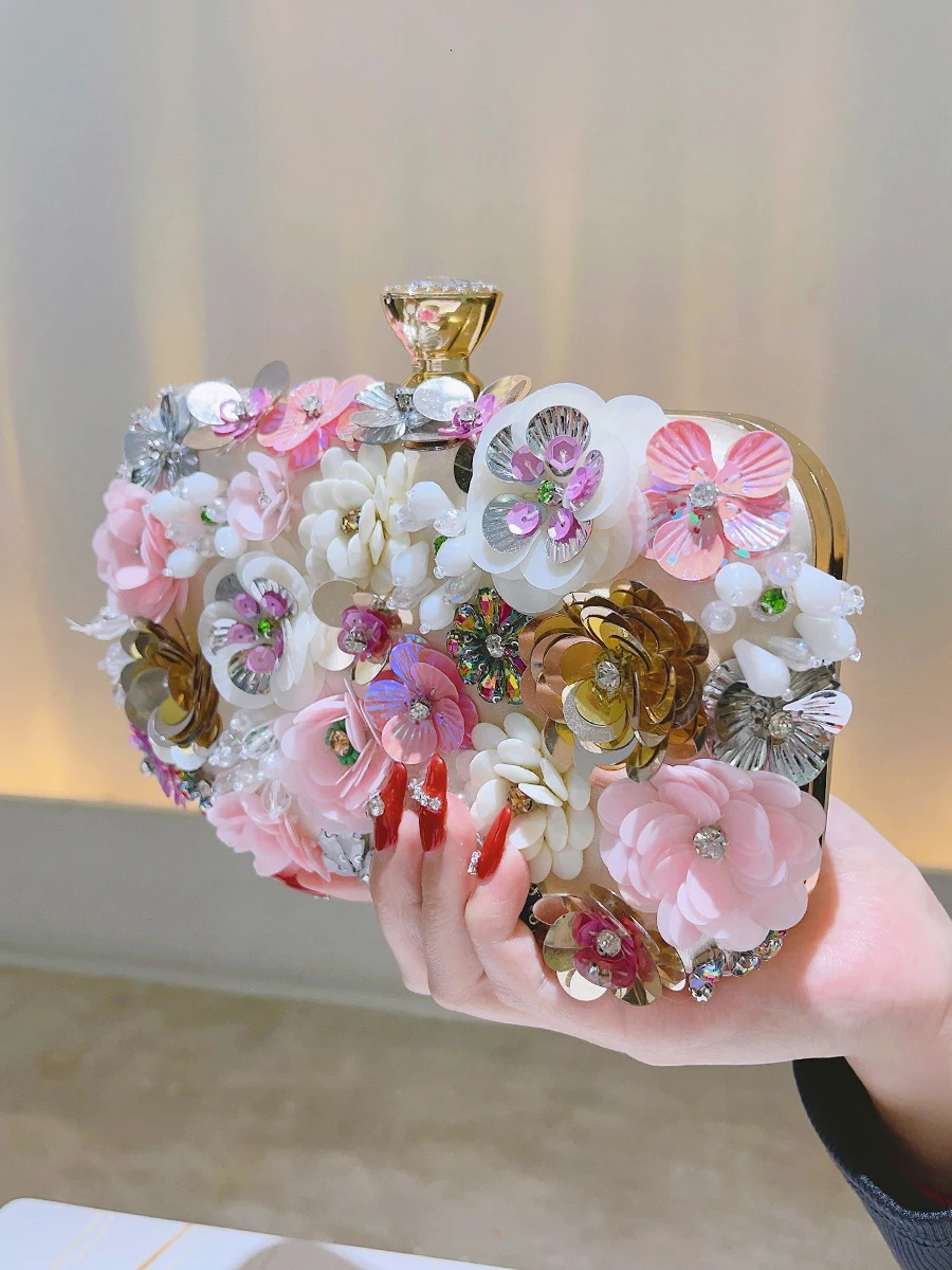 3D bead flower evening bag elegant box clutch wallet party dance womens wedding handbag 240806Z