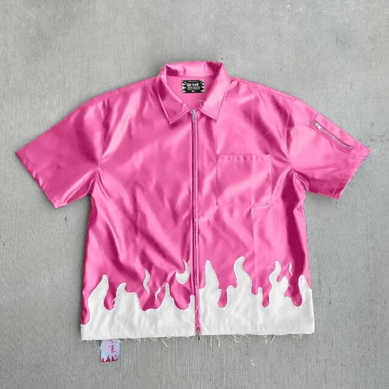 Summer Leather Short Sleeve Y2K VIntage Harajuku Fashion T-shirt Mens Street Hip Hop Casual Collar Zipper T-shirt Top 240807
