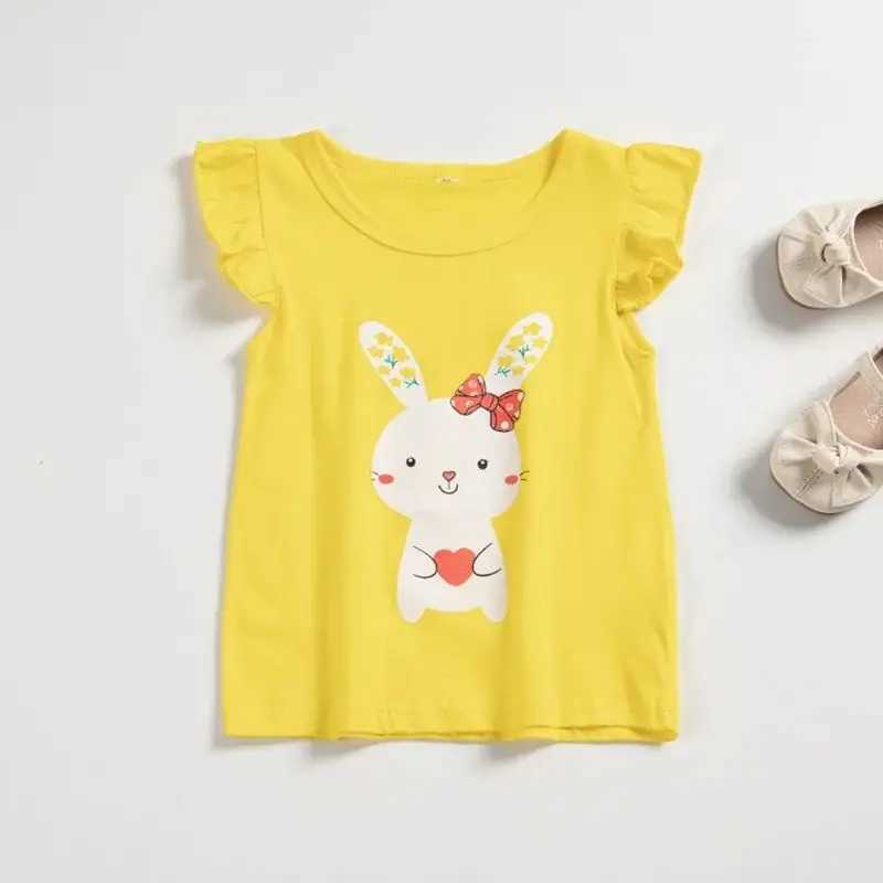 Baby girl yellow white rabbit eating carrot cartoon printed T-shirt summer short sleeved T-shirt casual and comfortableW240718