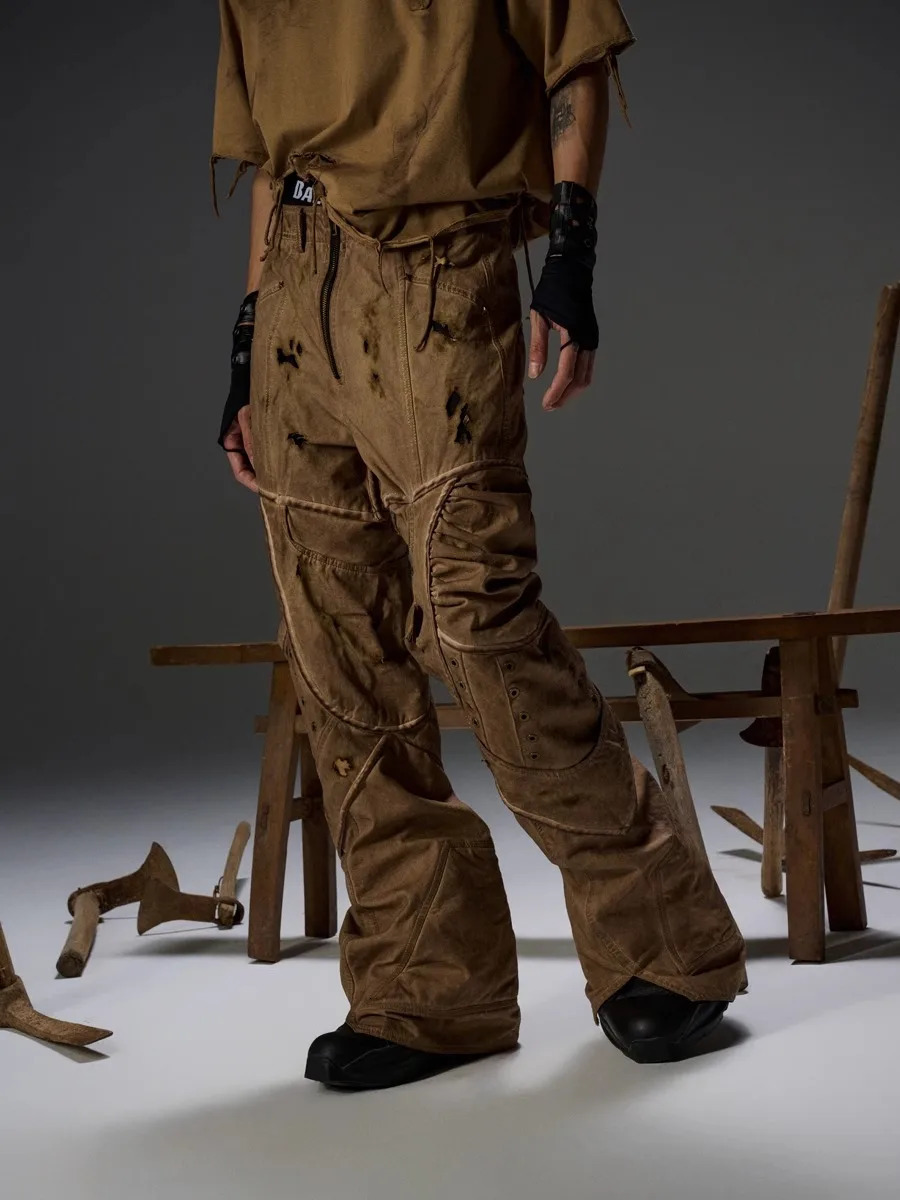 Style Men Washed Distressed Cargo Pants Dirty Dyeing High Waisted Straight Trousers 240806