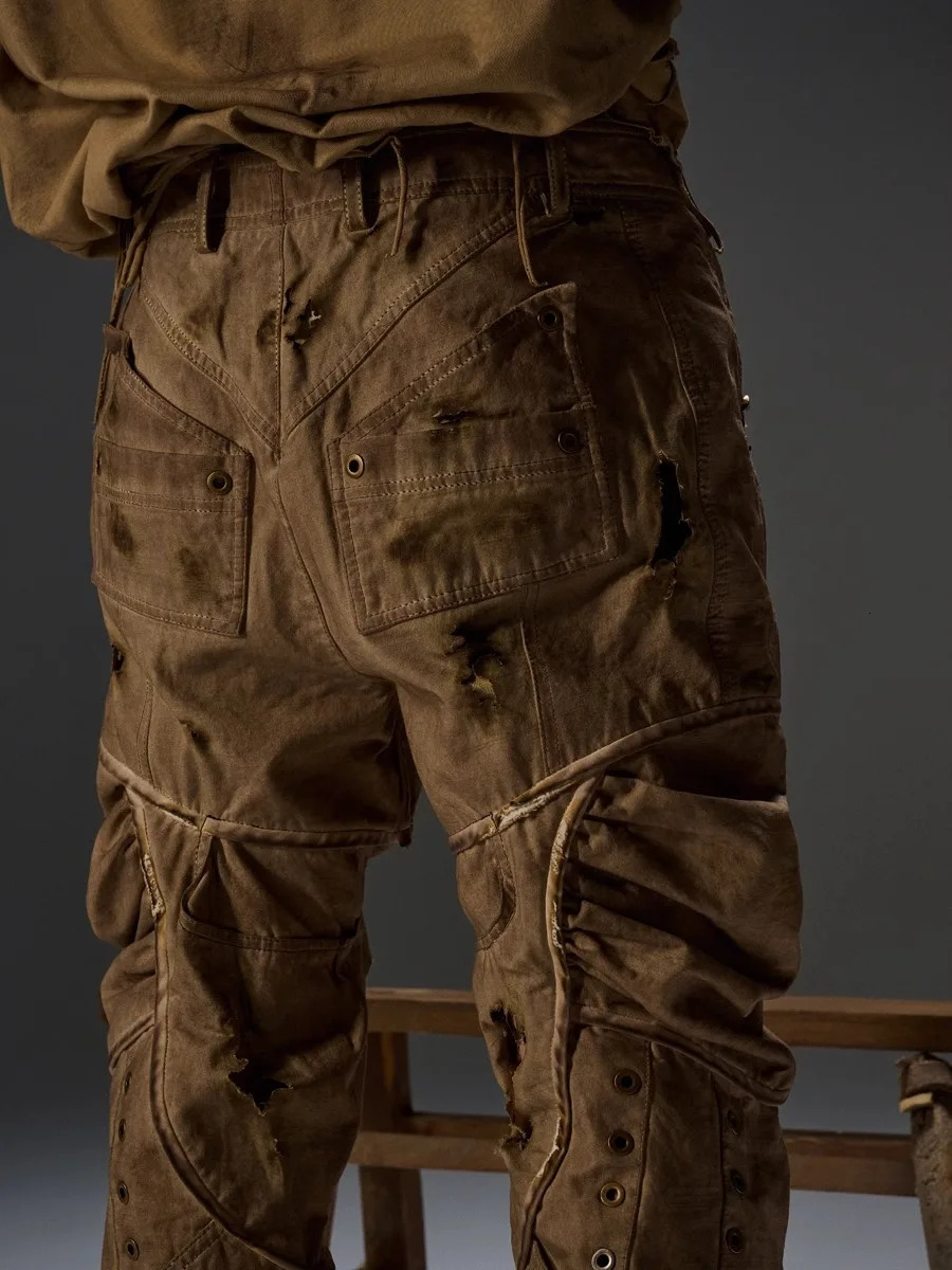 Style Men Washed Distressed Cargo Pants Dirty Dyeing High Waisted Straight Trousers 240806