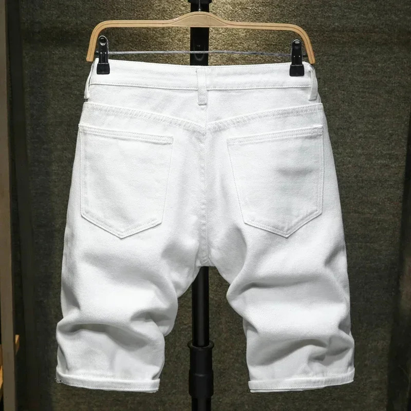 Streetwear Ripped White Denim Shorts Men Fashion Knee Length Jeans Simple Casual Slim Hole Short Pants Male 240807