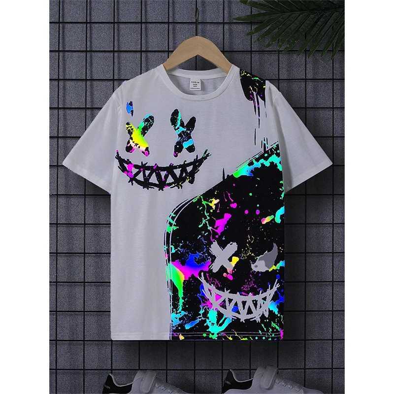 Boys fashionable glowing 3D printed T-shirt loose casual round neck short sleeved T-shirt summer childrens street clothing top childrens clothingW2407