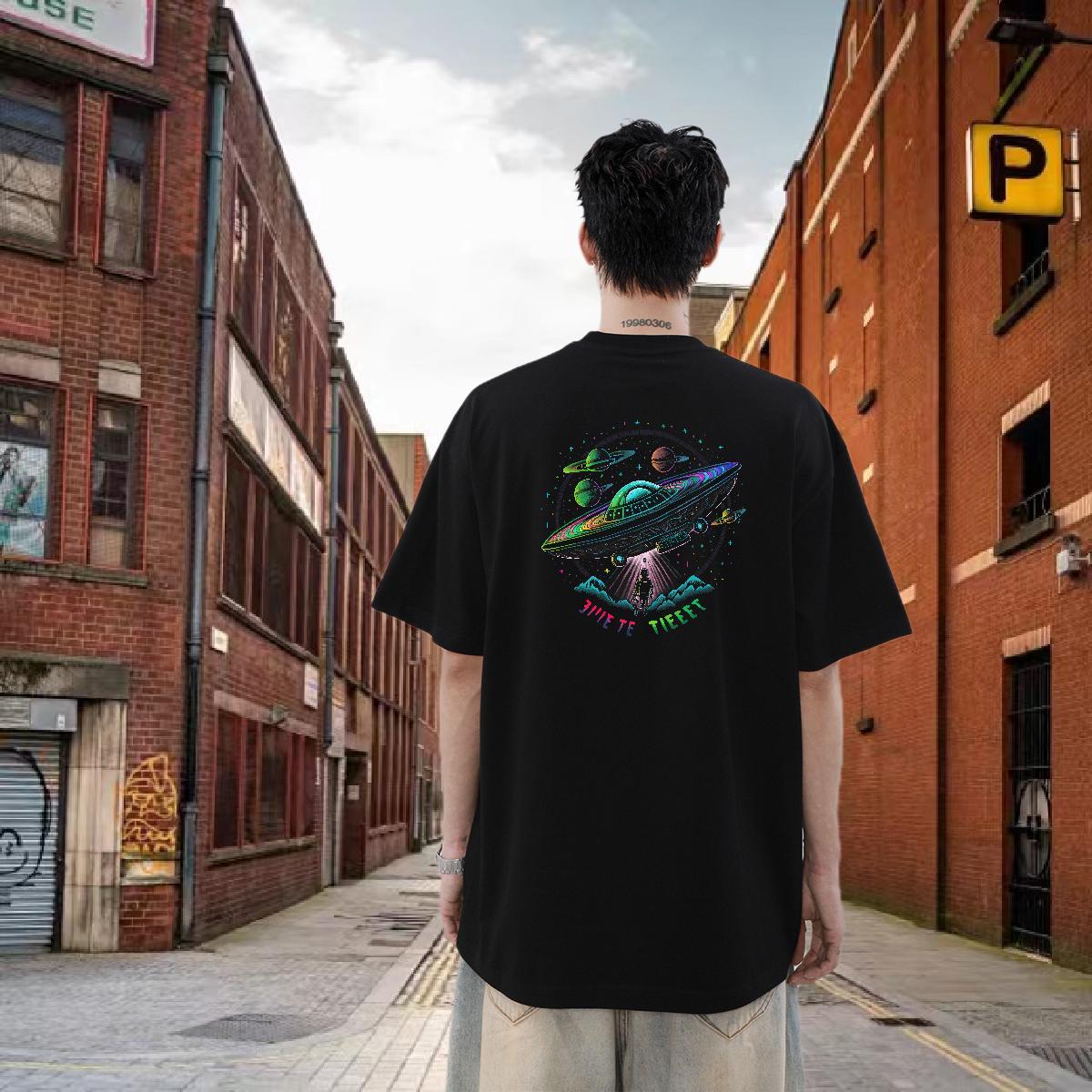 Classic Men T Shirts UFO Tees Shirts 100% Cotton 230g Daily Wear Wholesale Custom Cartoon Crew Neck Breathable Tshirt for Man Woman