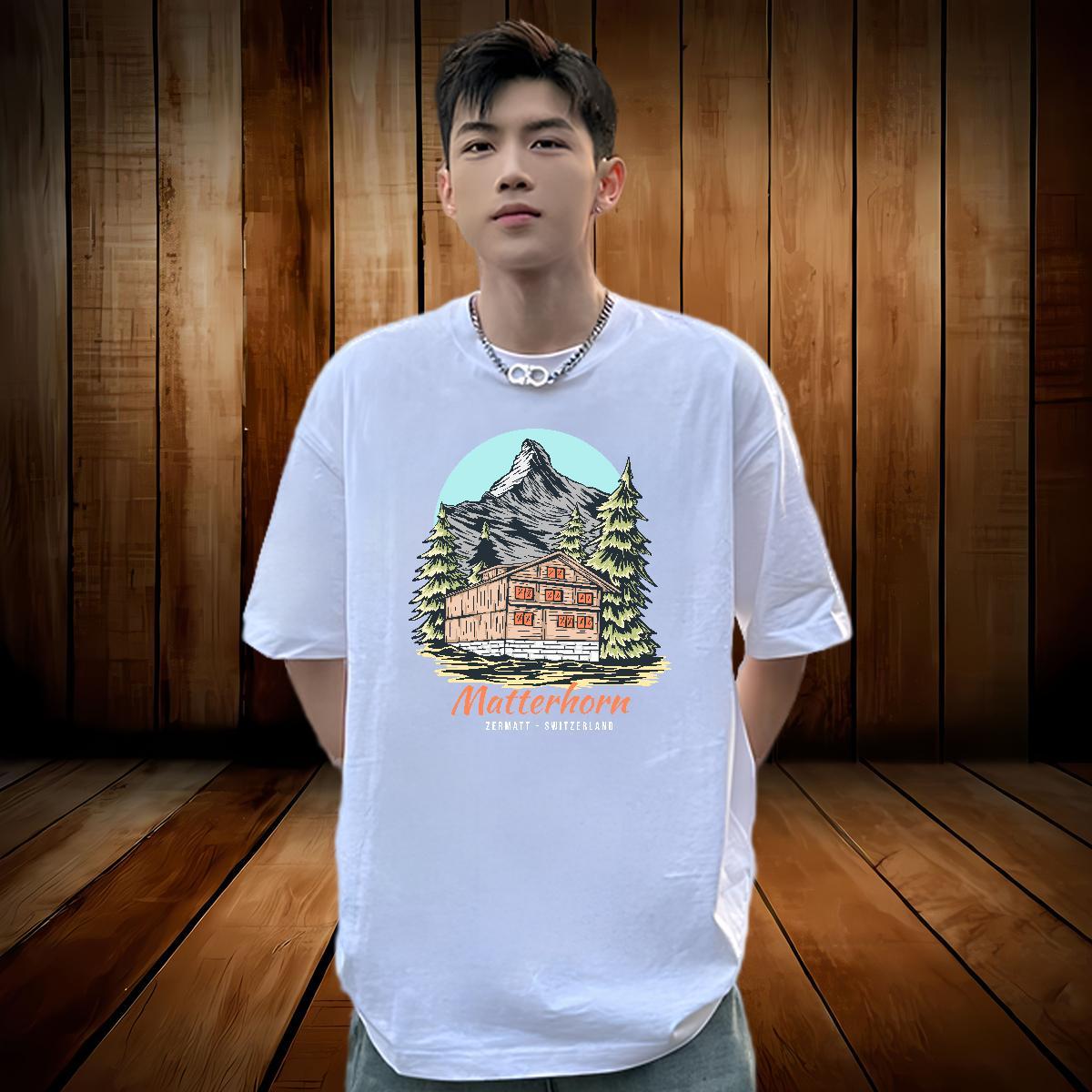 2024 DIY T Shirt For Man mountains Tops Shirt 230g Pure Cotton Daily Wear Soft Oversized 4XL Short Sleeve Soft Tshirts