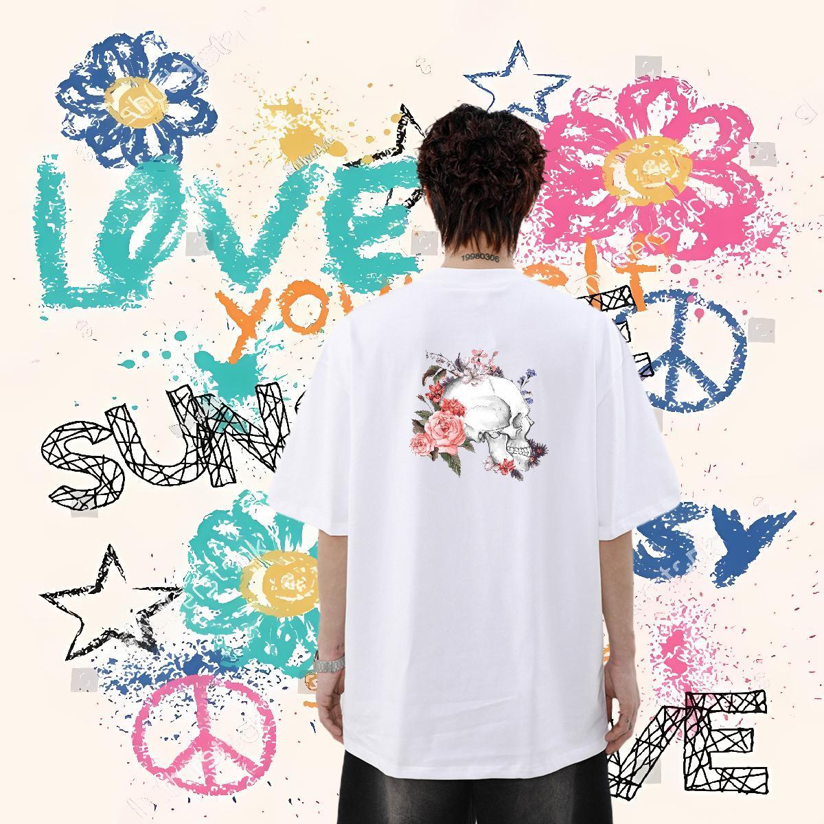 New Arrival Mens T Shirts flower Clothes 100% Cotton 230g Anime Printing Street Loose Fit Black White Breathable Soft Mens Tshirts