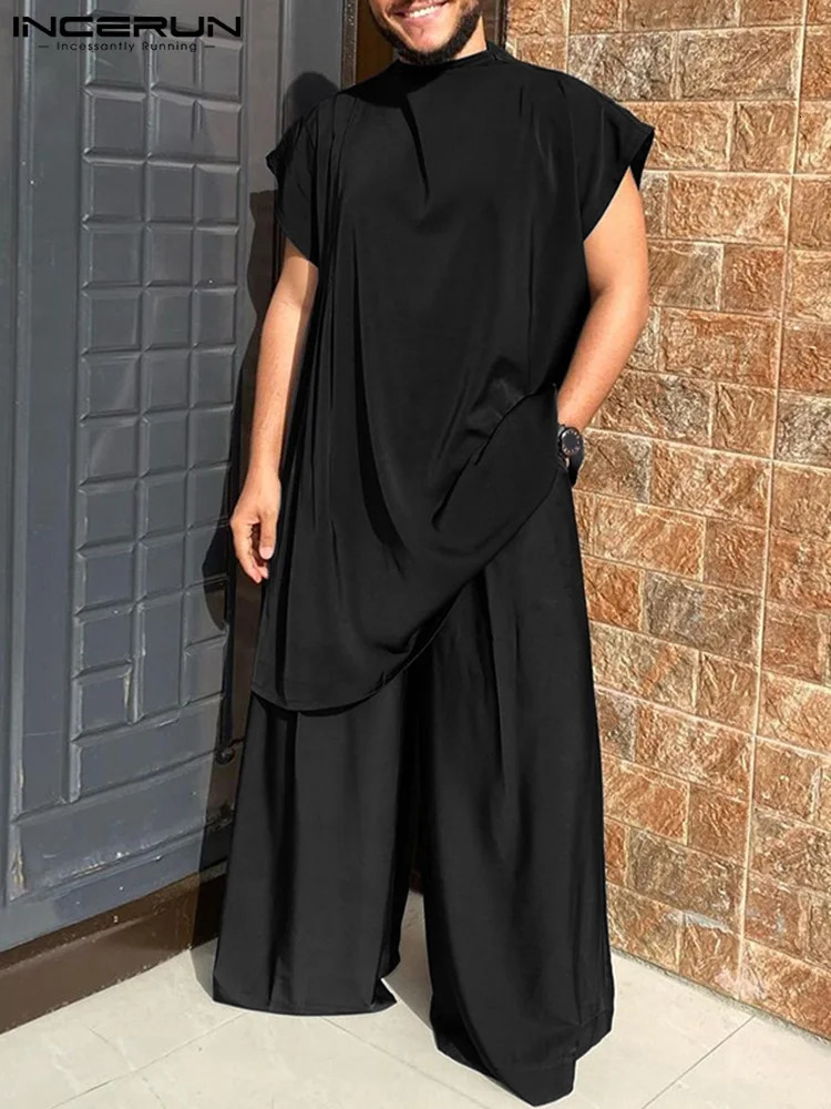 INCERUN Mens Muslim Clothing O-neck Short sleeved T-shirt and Wide Leg Pants Two Solid Bag Mens Casual Set 7240806