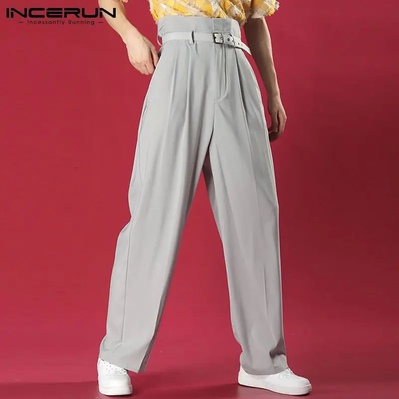 INCERUN Men Straight Pants Solid Color High Waist Streetwear Fashion Trousers Joggers Loose Casual Pantalon No Belt S5XL 240806