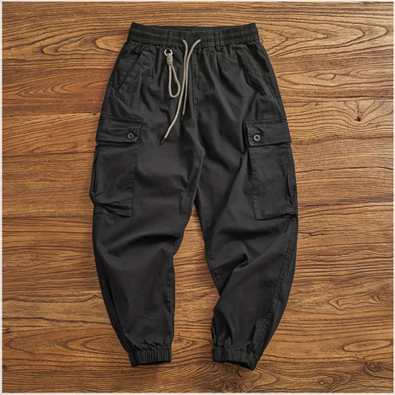 Multipocket work dress foot pants mens casual stretch garment washed to make old loose trend elastic waist Haren 240806