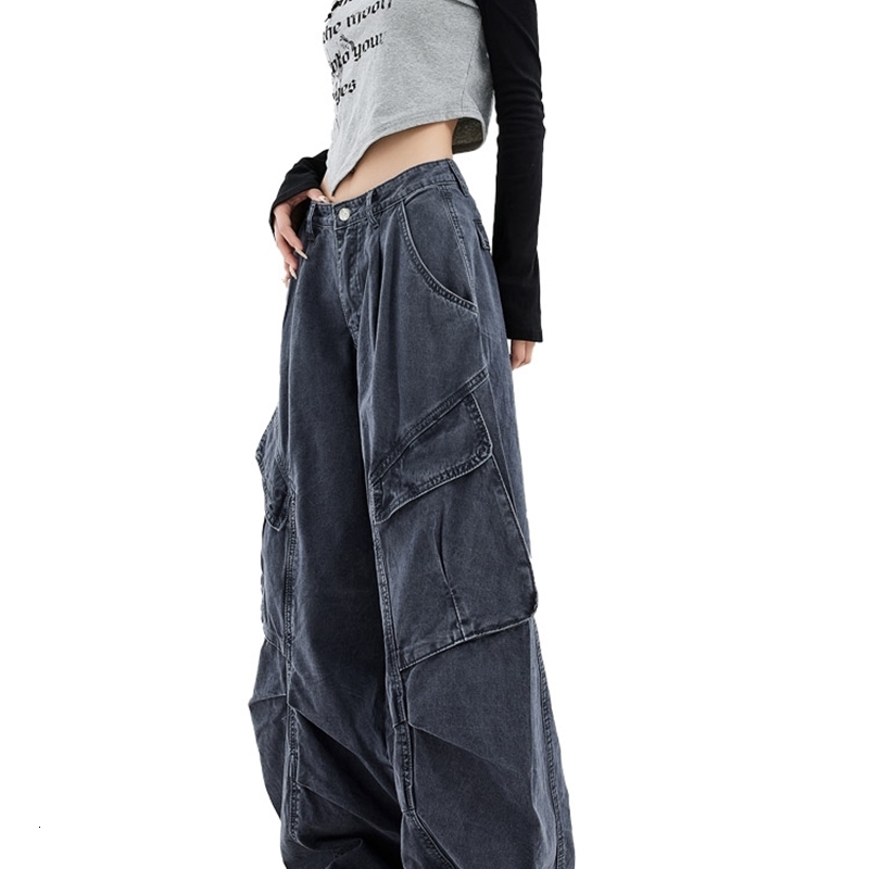 Womens Grey Y2k Cargo Jeans Harajuku Japanese 2000s Style 90s Aesthetic Denim Trousers Jean Pants Vintage Trashy Clothes 240806