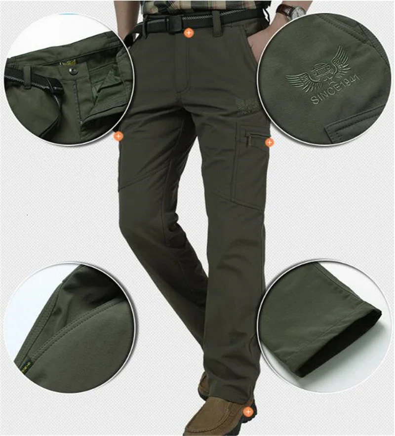 Mens Fleece Tactical Pants Winter Warm Cargo Pant Casual Soft Shell Working Trousers Thick Waterproof Plus Size 4XL 240806