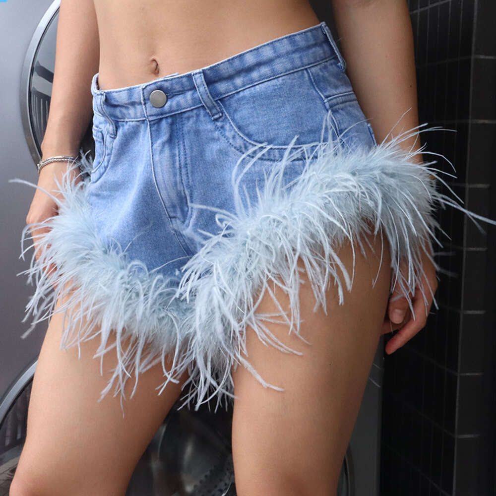 Denim straight for women's summer new sexy shorts with patchwork fur hot pants