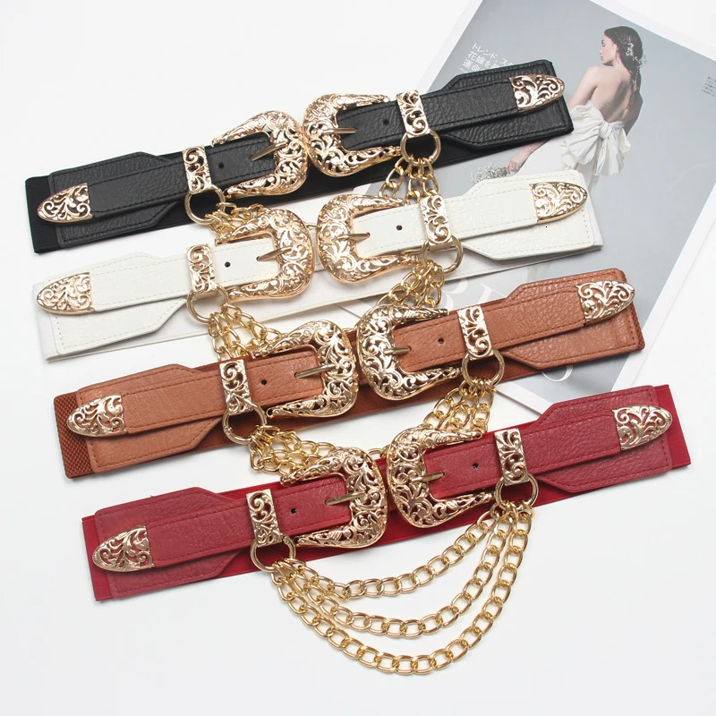 Double Vintage Curving Metal Buckles PU Waist Belt For Women Multi-layer Chain Elastic Corset Dress Waistband240723