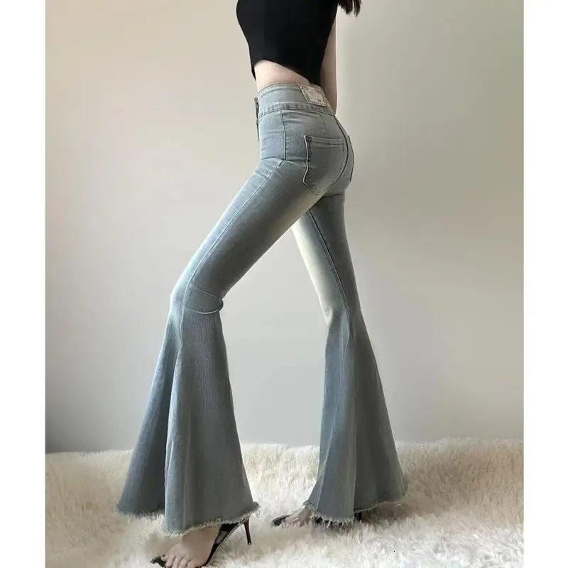 Girl High Waist Tassel Women Fishtail Floor Mopping Jeans Spring Summer Slimming Elasticity Fashion Casual Denim Flare Pants 240807