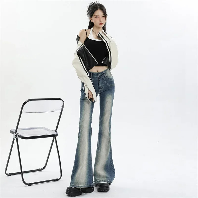Vintage Gradient Micro Flared Jeans Womens Autumn Style American Street Horse Riding Pants Slimming Bell Bottom Pants 240807