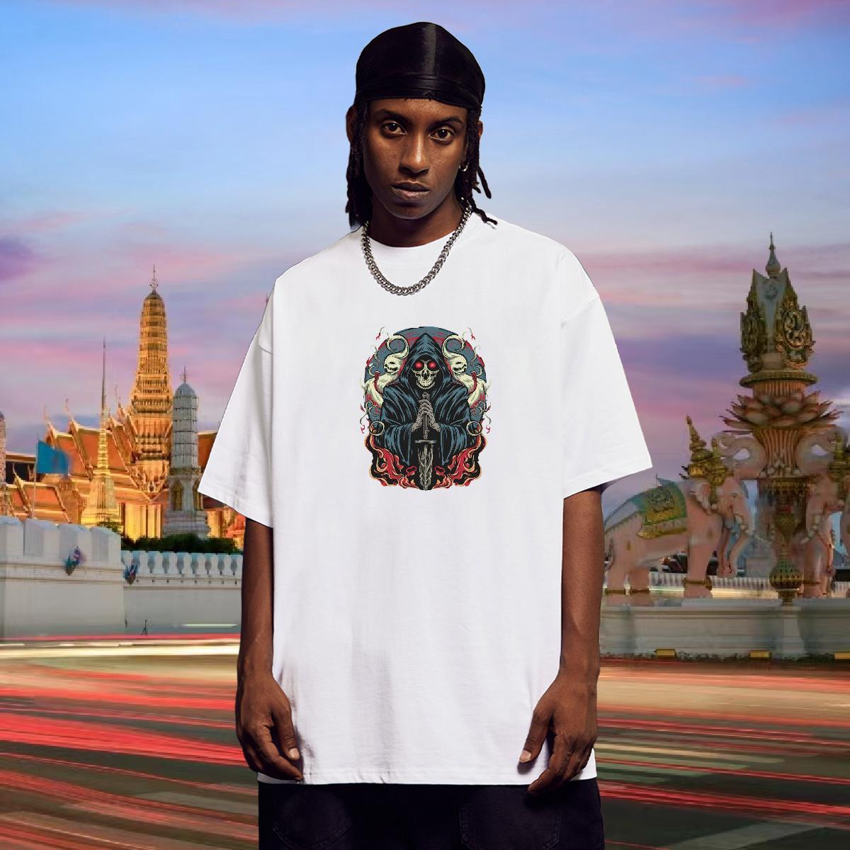 2024 Summer T-Shirts for Men skull Tops Tees 100% Cotton 230g Sports Casual TOP Quality Skull Breathable Short Sleeve Men Tees