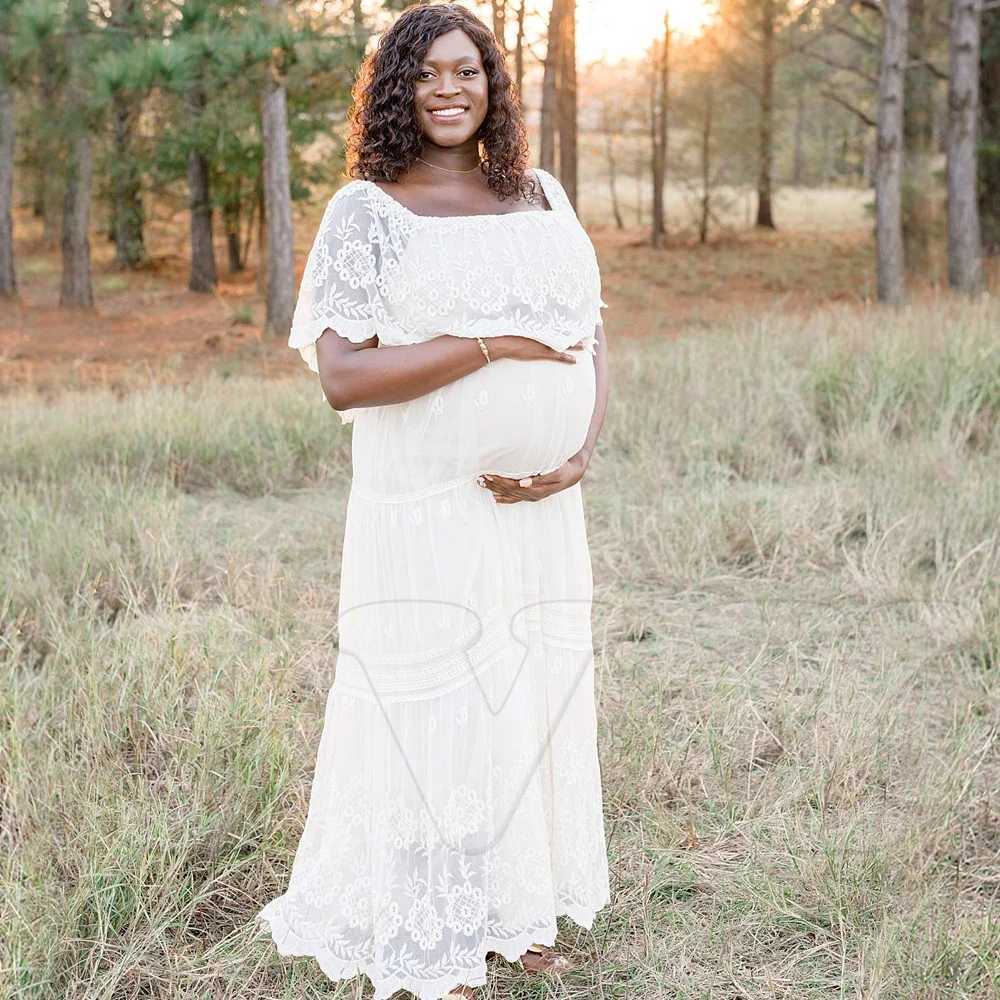 Pregnancy Dress For Baby Showers Ruffled Off Shoulder Lace Embroidered Bohemian Maxi Dress Maternity Photography GownY240806