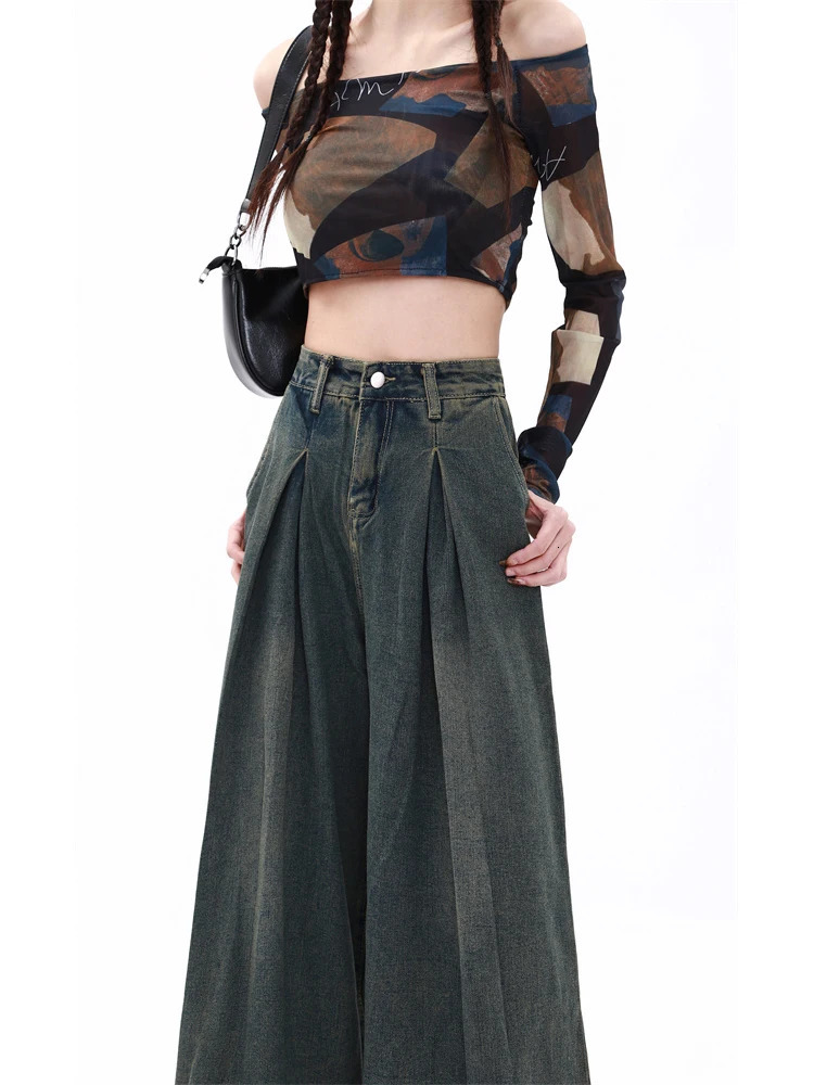 Summer Women Korean Fashion Flare Pleated Mom Jean Y2k Japanese Bell Bottoms Denim Pants Long Trousers 2000s Kpop Goblin Core 240807