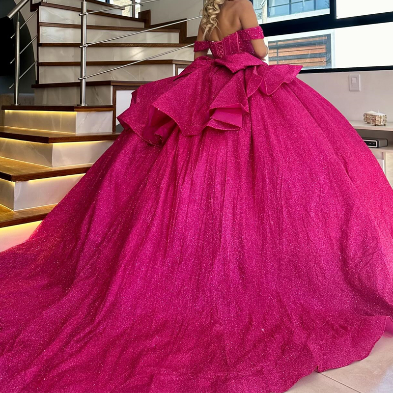 Rose Red Sparkly Princess Quinceanera Dresses Off Shoulder Gillter Beads Crystal Sequins Prom Sweet 16 vestidos 15 de cerimonia