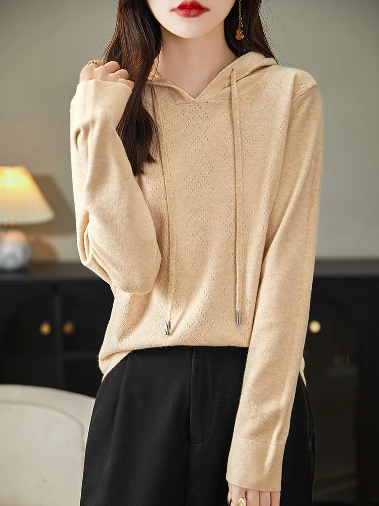 Australian Wool Pullover Hoodie O-Neck Solid Color Knitwear Hoodie Long Sleeved Knit Sweater Women Fashion Leisure Style Top 240807
