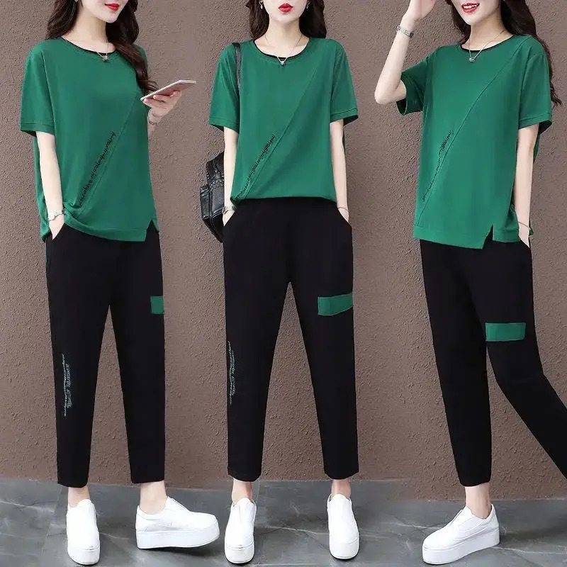One-Piece/Set Women Summer Cotton T-Shirt Top Two-Piece Casual Sports Suit Female Loose Nine-Point Pants L773 240807