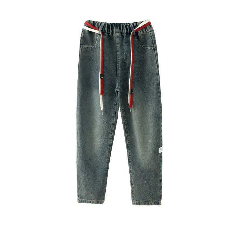 Jeans Girls Elastic High Waist Patchwork Jeans Loose Blue Denim Pants for Teen Straight Trousers Casual Harem Jean Clothing 5-14 Years