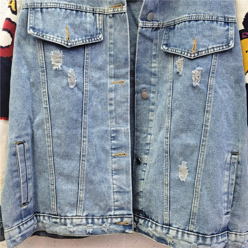GetSpring Women Denim Jacket Autumn Printed Color Matching Denim Coat Fashion All Match Loose Casual Long Jean Tops 240806