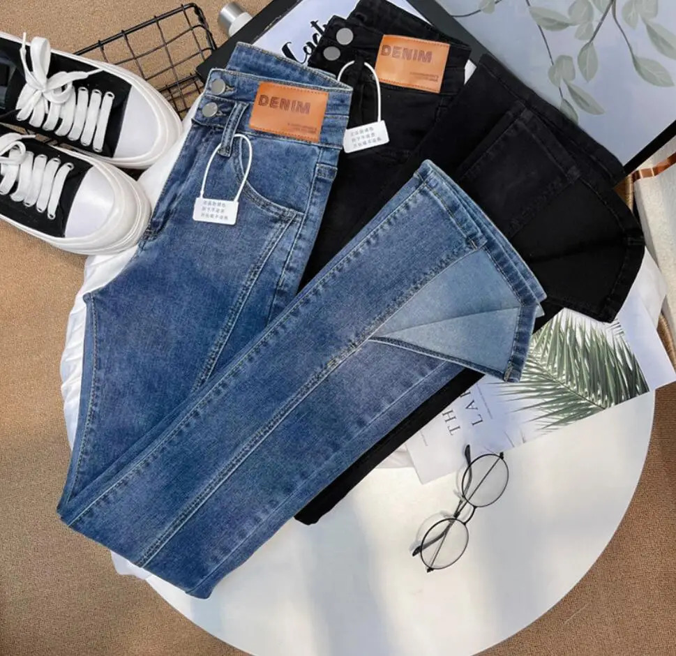 High Wais Skinny Split Jeans Women Bell Bottom Denim Pants Streetwear Womens Jeans spring female y2k stretch Denim Pants 240807