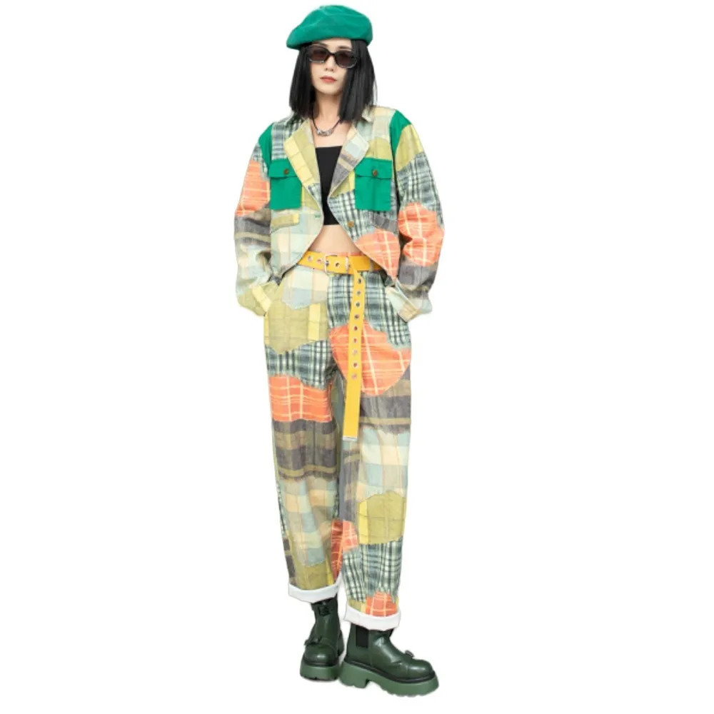Sweet Cool Contrasting Printed Denim Long Sleeved Suit Collar Jacket Harem Pant Two Piece Set Women Autumn LX1852 240807