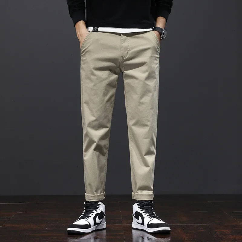 Pants Men Business Straight Cotton Trousers Stretch Boy Elastic Slim Fit Casual Big Plus Size 42 44 Black Khaki Blue Clothes 240806