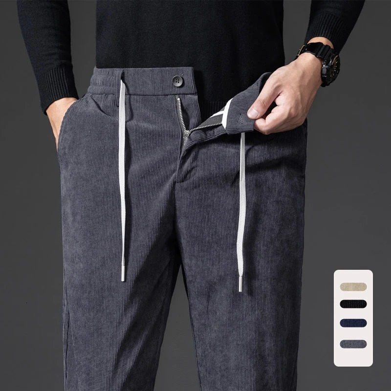 Spring Autumn Corduroy Mens Casual Pants Classic Business Work Elastic Waist Straight Trousers Black Gray Khaki 240806