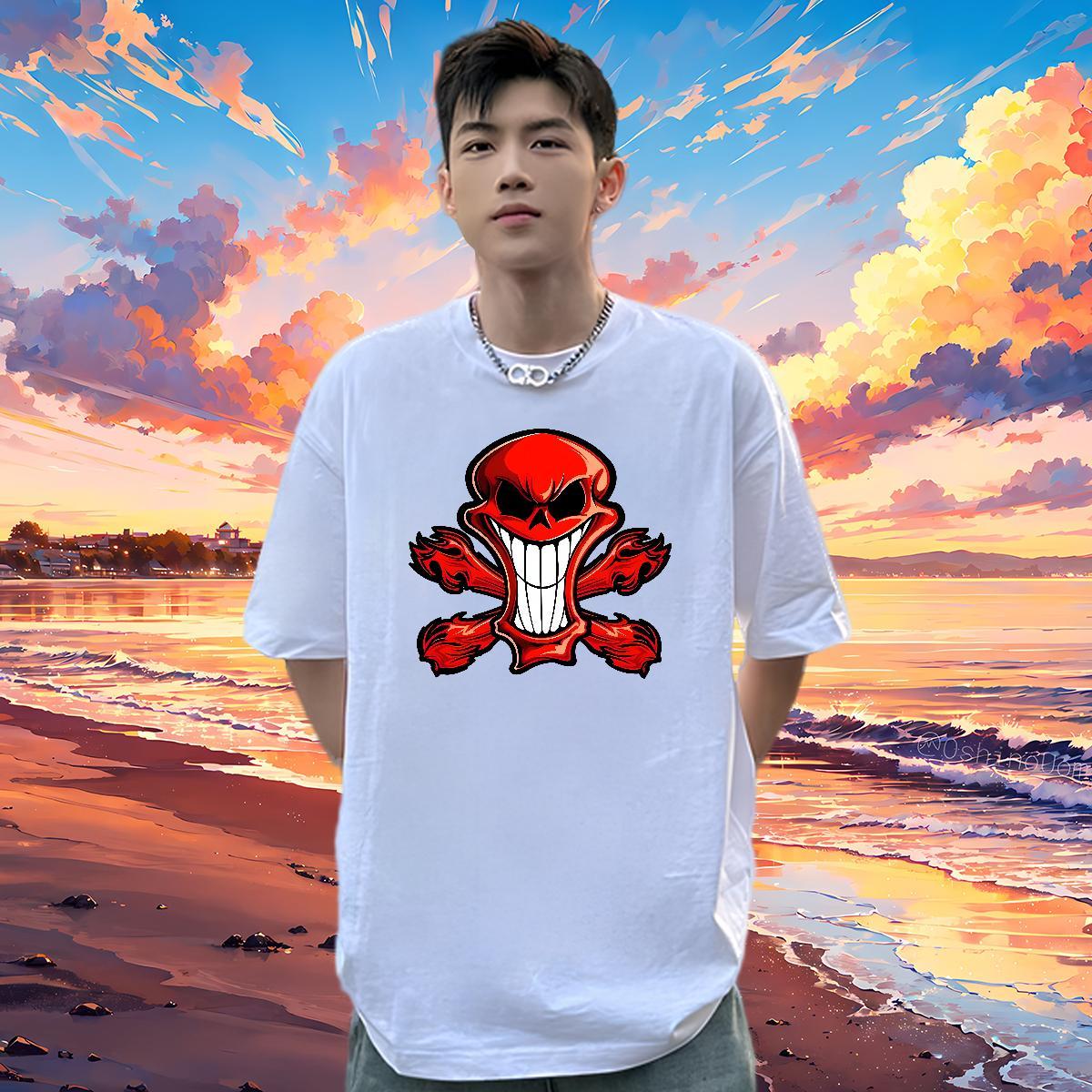 Fashion New T Shirts Men skull Tee Shirt 230g Cotton Sports Casual Soft White Plus Size Breathable Short Sleeve Tshirt for Man Woman