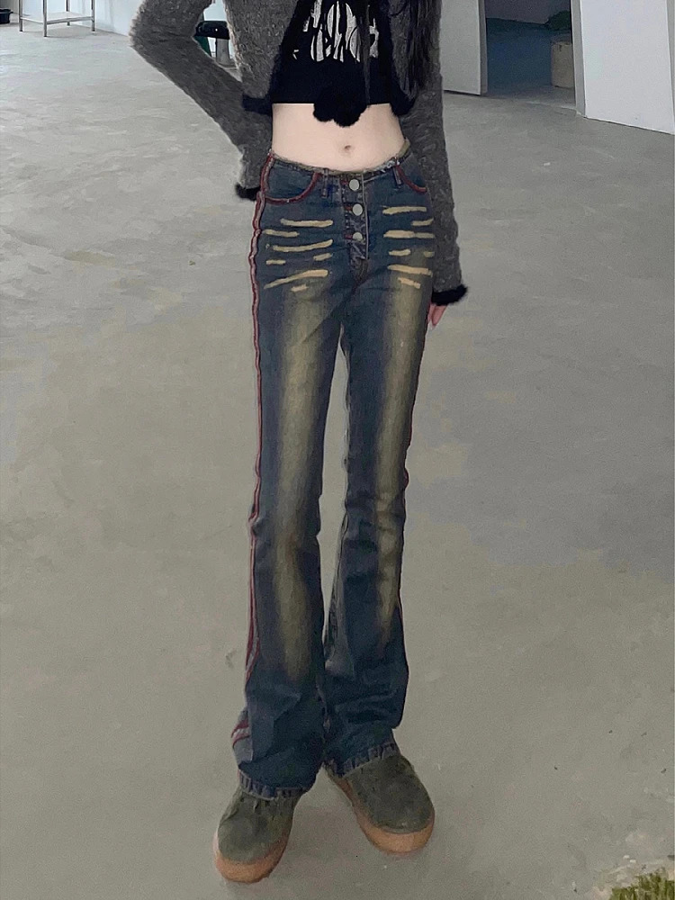 Woman Autumn Flared Jeans Pleated Pants Aesthetics Tunic Kpop Single Breasted Low Waist Wash Casual Denim Gyaru 240807