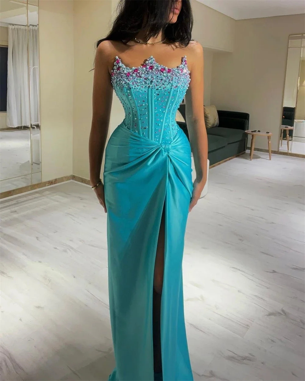 Vintage Evening Dresses Strapless Sleeveless Gown Sequins Crystal Beaded Side Split Dress Party Prom Custom Made