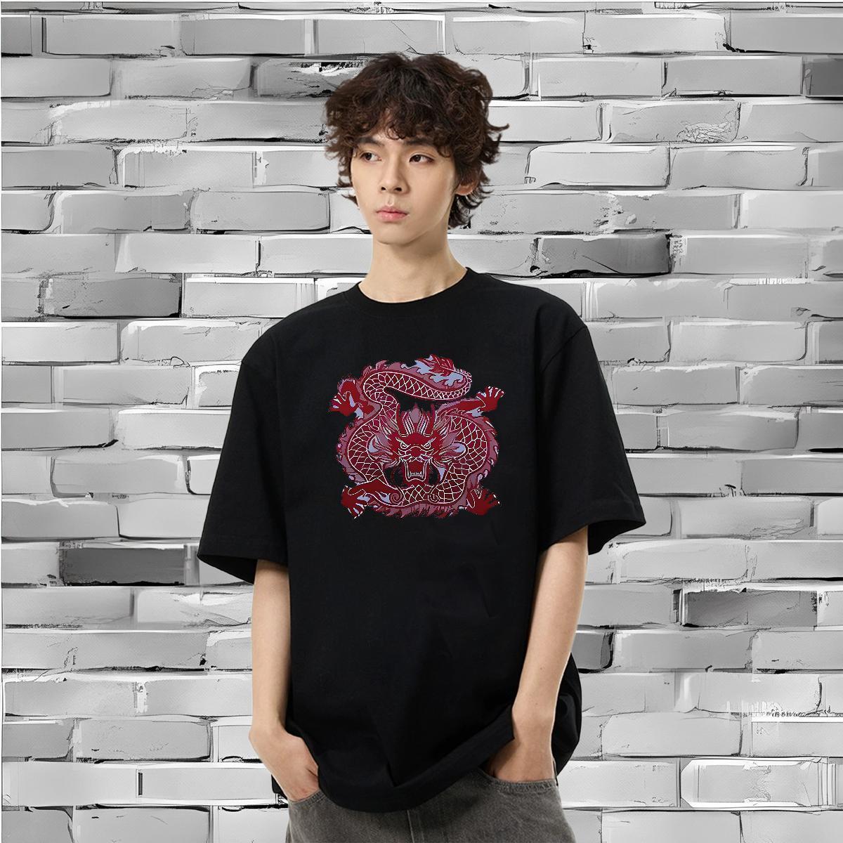 Fashion T-Shirts for Men Red Chinese Dragon Tshirts 230g 100% Cotton Street wear Hip Hop Classic Anime Print Short Sleeve O-Neck Men Tops Tees