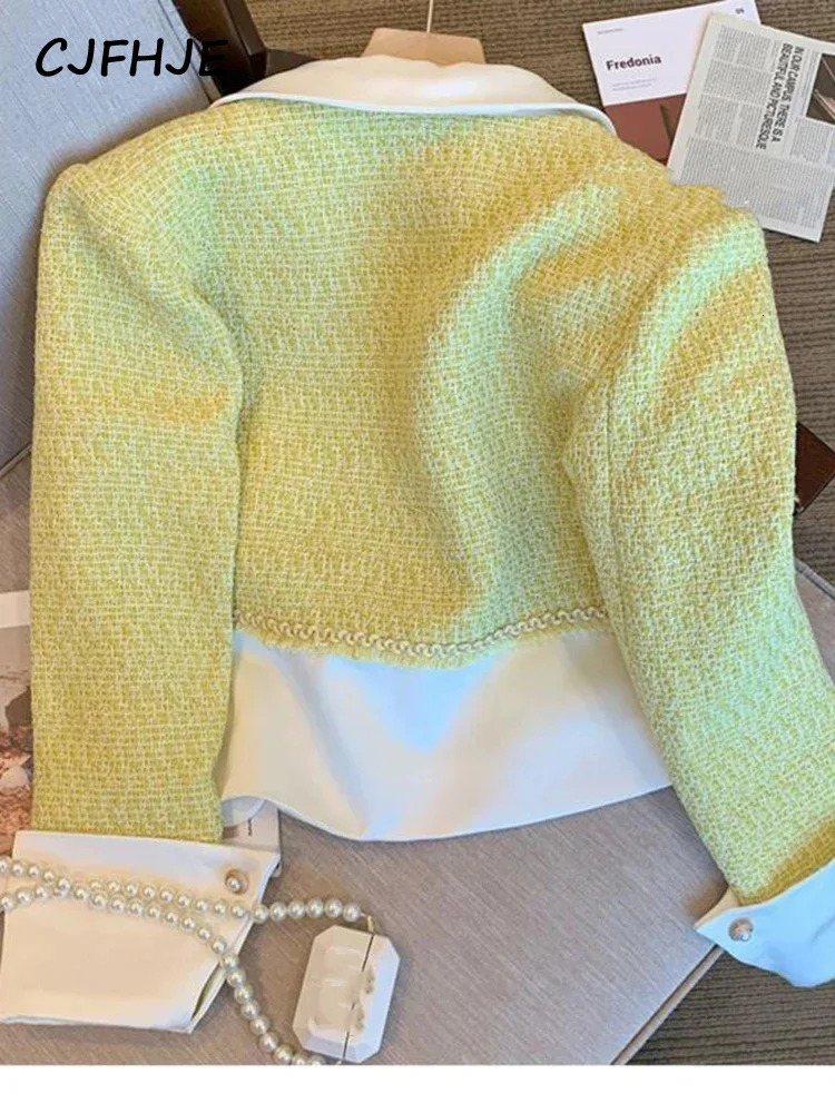 CJFHJE Yellow Tweed Jacket Coat Women Korean Fashion Sweet Woolen Short Coats Autumn Winter Vintage Elegant Lady Outwear Jackets 240806