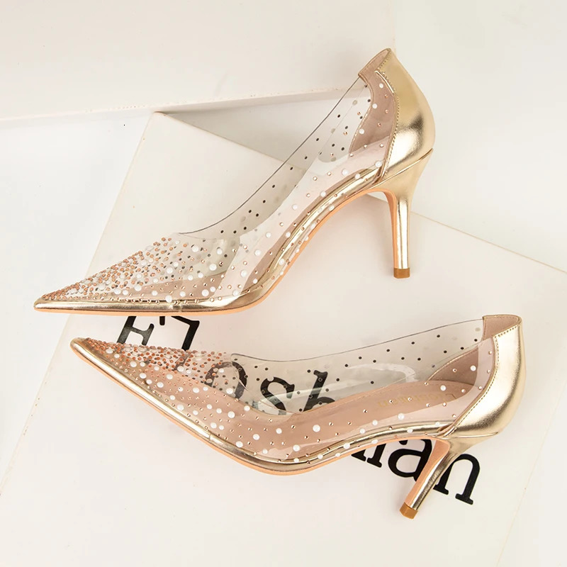 Fashion gold rhinestone PVC transparent womens pump spring and autumn fine high heels sexy party wedding shoes 240802