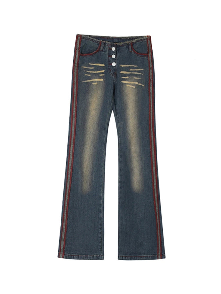 Woman Autumn Flared Jeans Pleated Pants Aesthetics Tunic Kpop Single Breasted Low Waist Wash Casual Denim Gyaru 240807