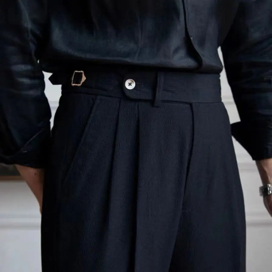 Seersucker Naples Suit Trousers Mens British Stylish Highwaisted Belt Design Straight Pants Summer Slim Business Casual 240806