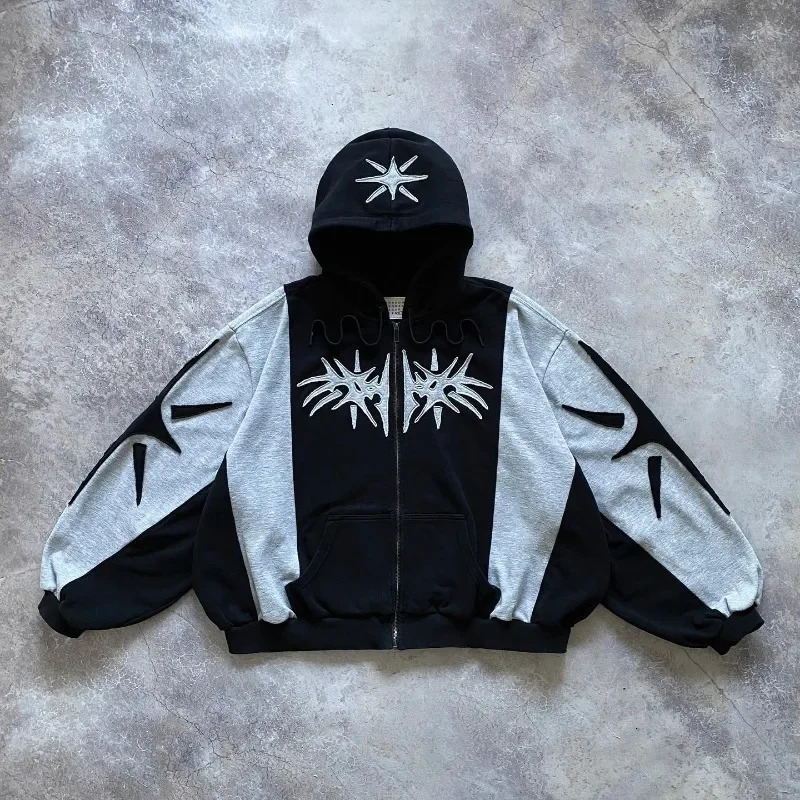 Y2K Streetwear Zip Up Hoodie Harajuku Patchwork Goth Vintage Hip Hop Oversized Men Women Sweatshirt Fashion Casual Tops 240806
