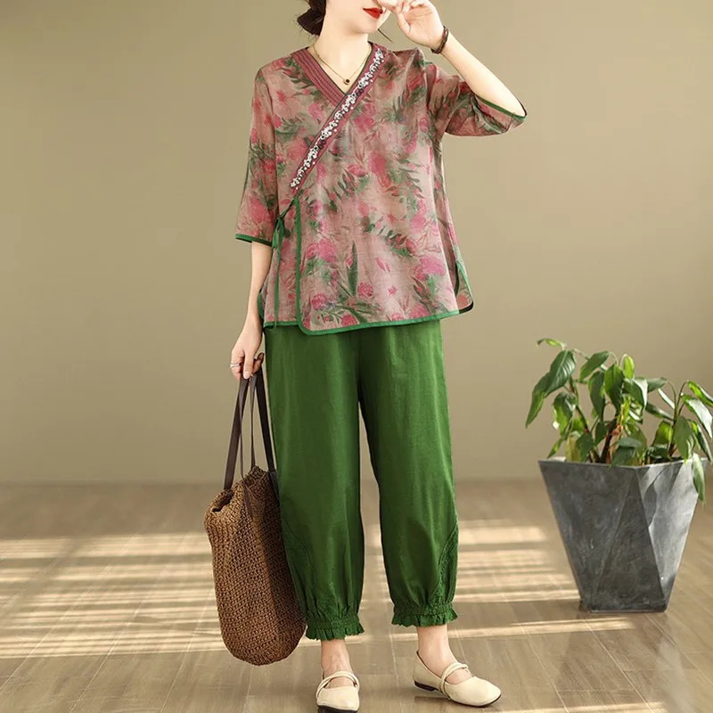 2 Piece Sets Women Casual Pant Suits Arrival Summer Chinese Style Vintage Print Loose Female Tops And Harem Pants B3815 240807