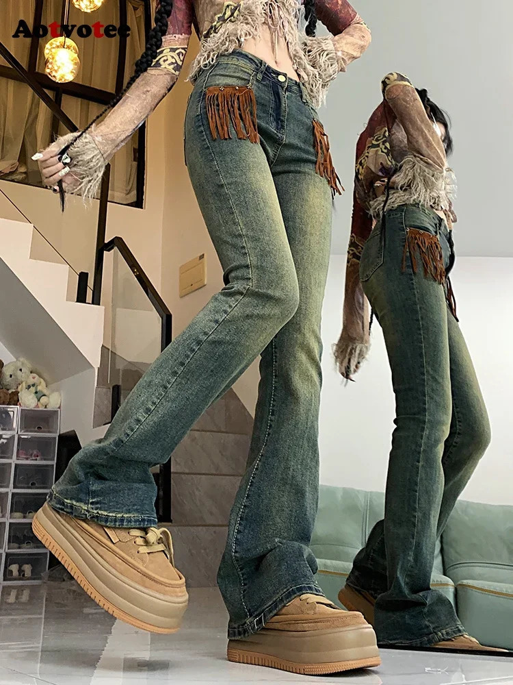 Aotvotee Jeans Woman High Waisted Denim Bell Bottom Pants Tassel Pocket Chic Street Vintage Washed Korean Fashion Jeans 240807