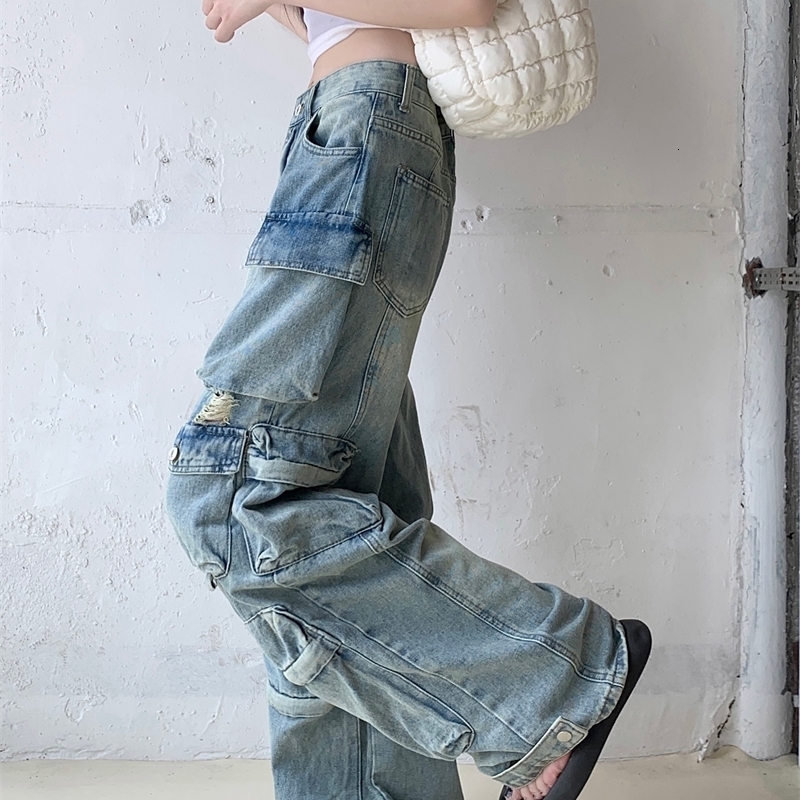 Women Streetwear Baggy 2000s Y2k Japanese American Vintage Hole Denim Pants Harajuku Long Trousers Cargo Jean Loose Vintage Dark 240806