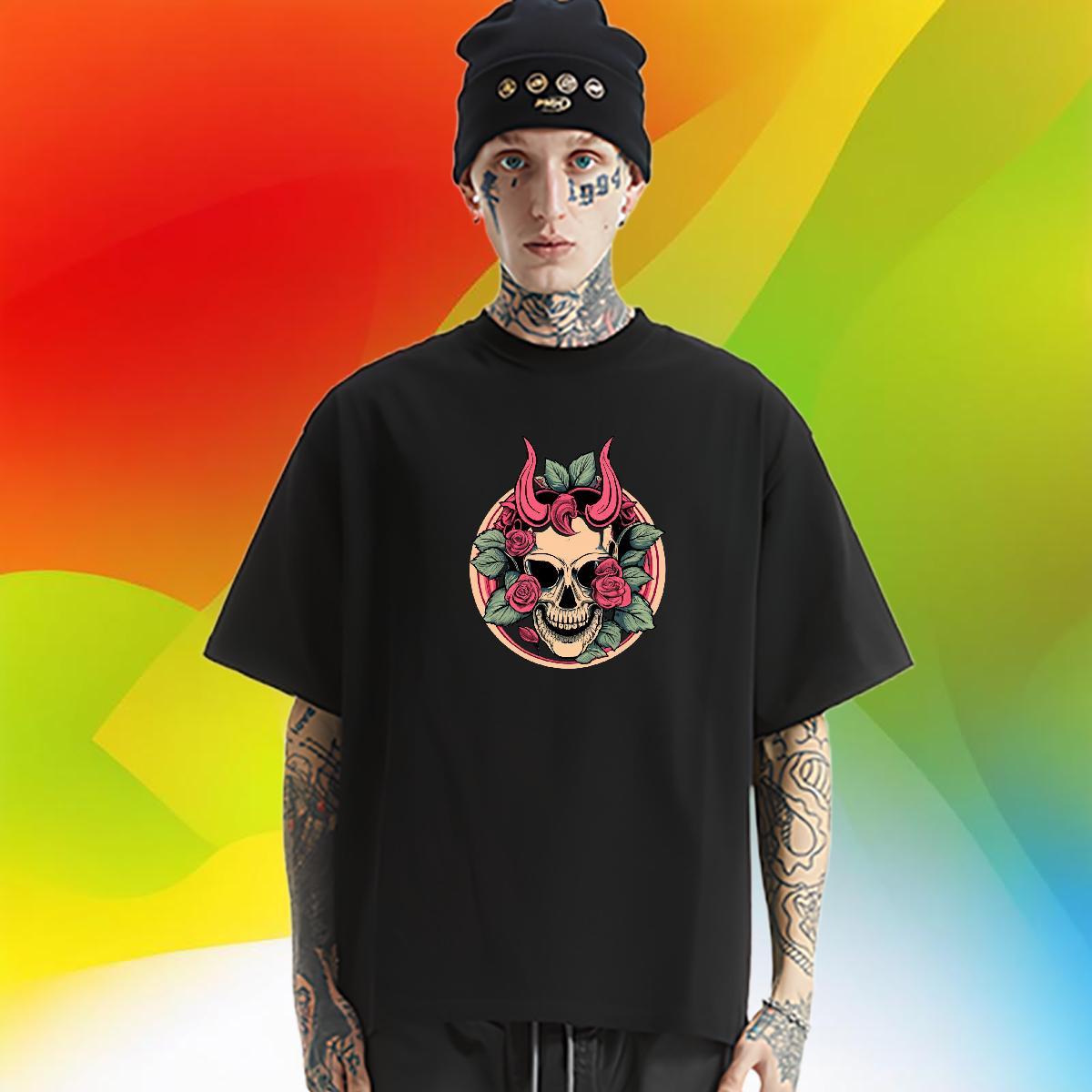 DIY Mens T Shirts skull Tops Tees 230g Pure Cotton Daily Outfit TOP Quality DIY Printed Breathable Crew Neck Men Tshirts