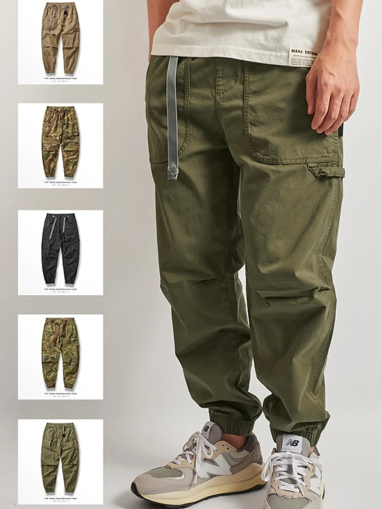 Spring and Summer Japanese Retro Outdoor Thin Cargo Pants Mens 98% Cotton Washed Loose Casual Ankletied 9point Trousers 240806