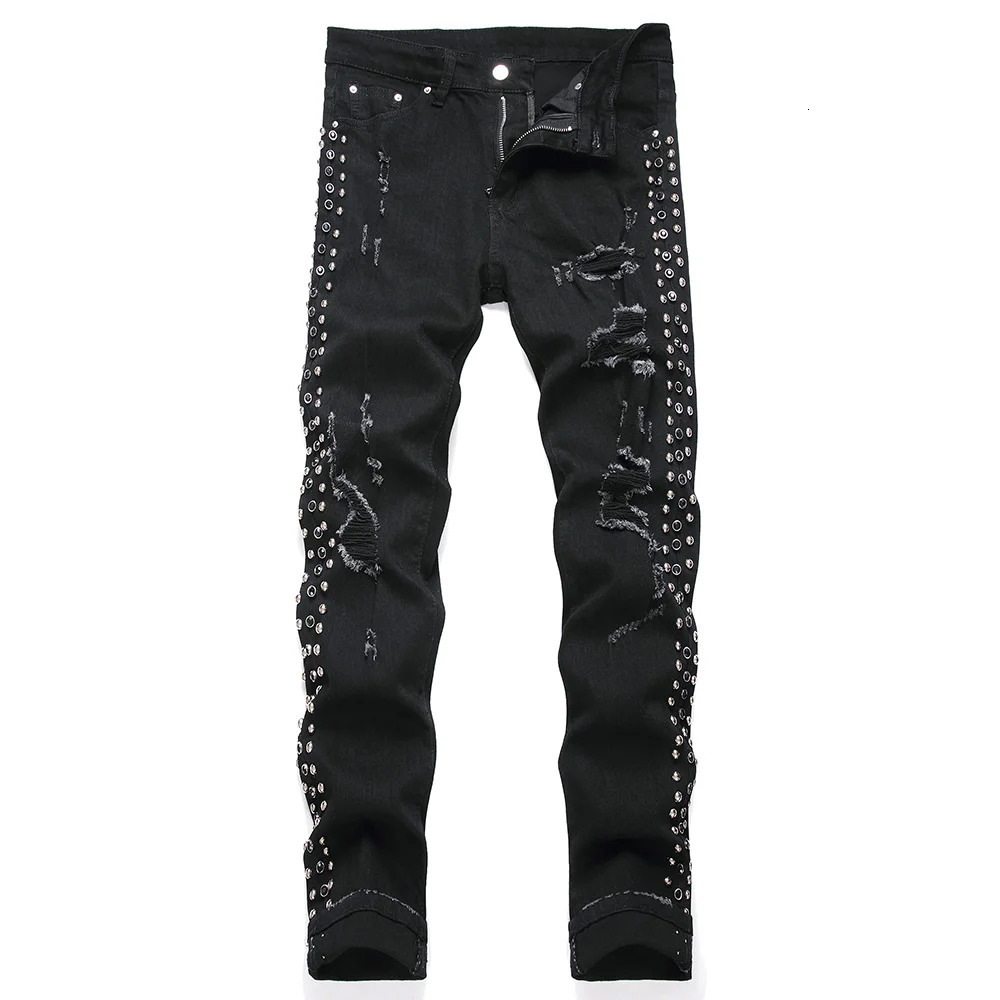 Men Punk Rivet Crystal Black Jeans Holes Ripped Denim Pants Streetwear Slim Tapered Stretch Trousers 240806