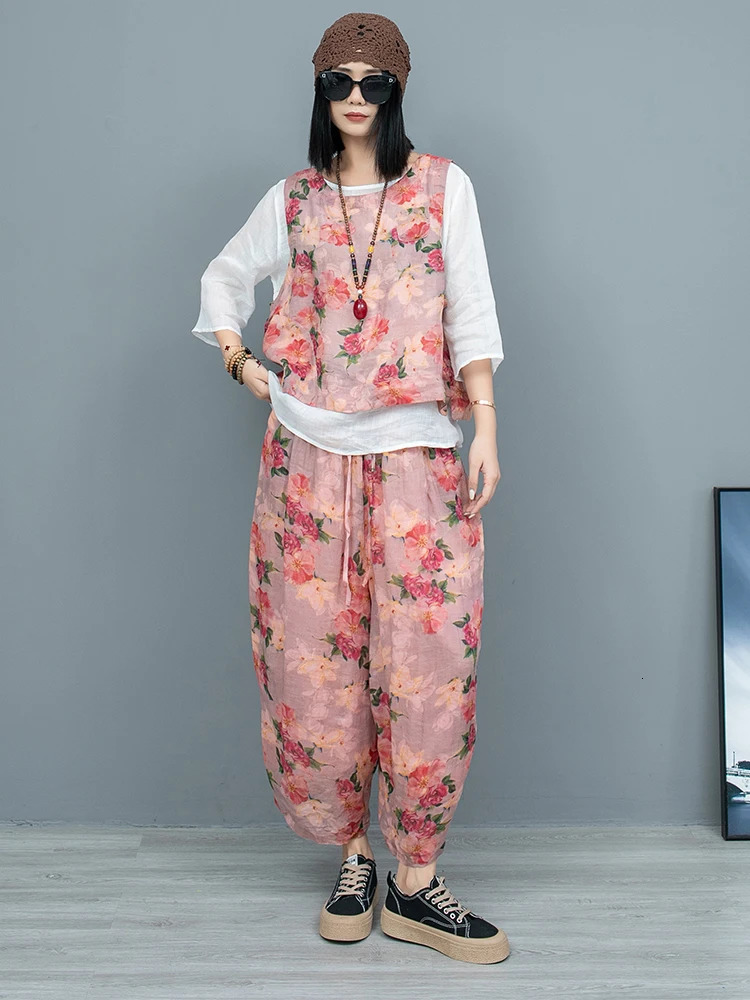 Chinese Style Floral Ramie Round Neck Vest Pant Two-piece Set Women Summer Lightweight Cool Fashion Pant Set ZF098 240807