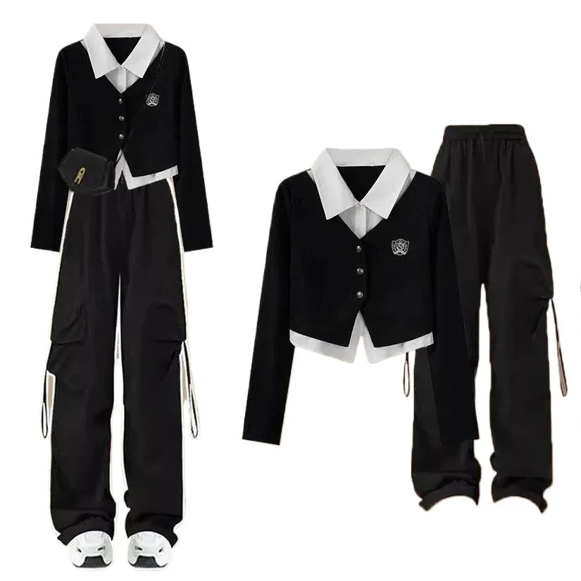 Patchwork Chiffon Shirt Casual Work Pants Two-piece Set Fashionable Female Student Pants Set Sports Suit Tracksuit 240807